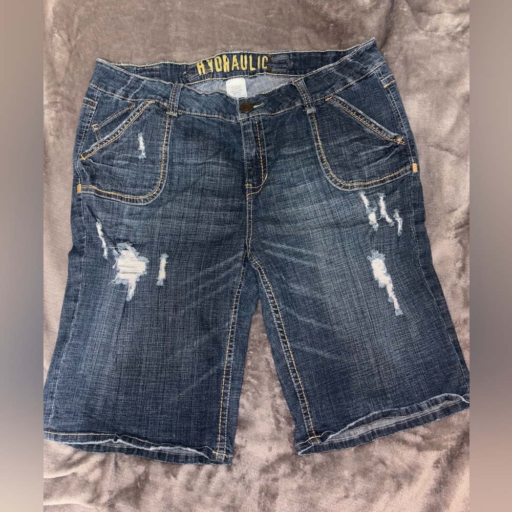 HYDRAULIC Women's Plus Size 22W Bermuda Blue Distressed Embroidered Denim Shorts